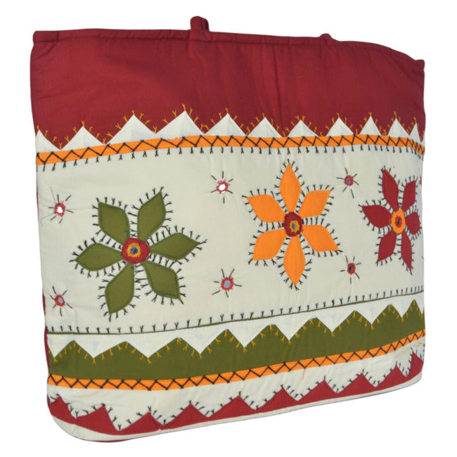 Handcrafted Flowers Design Banjara Embroidered Women’s Handbag Off White with Maroon