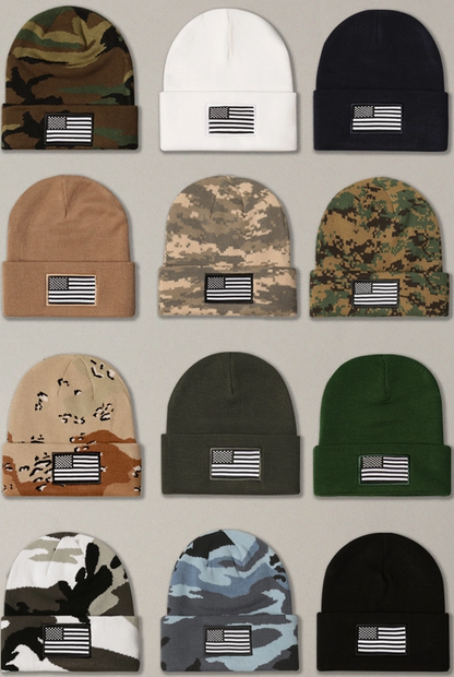 USA Flag Embroidery Patch Cuff Camo Beanie Hat (Case: 18 Qty)