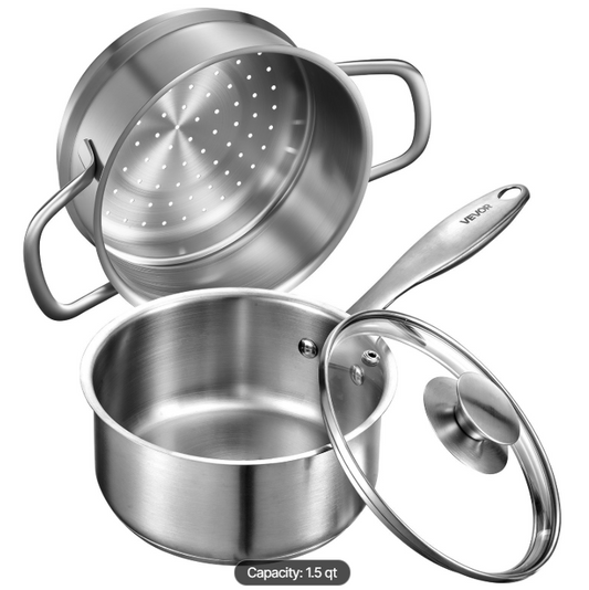 1.5 QT Saucepan with Steamer, Stainless Steel Saucepan with Glass Lid, Multipurpose Nonstick Stainless Steel Sauce Pot with Ergonomic Handle, Friendly for Oven, Dishwasher, Induction Cooker