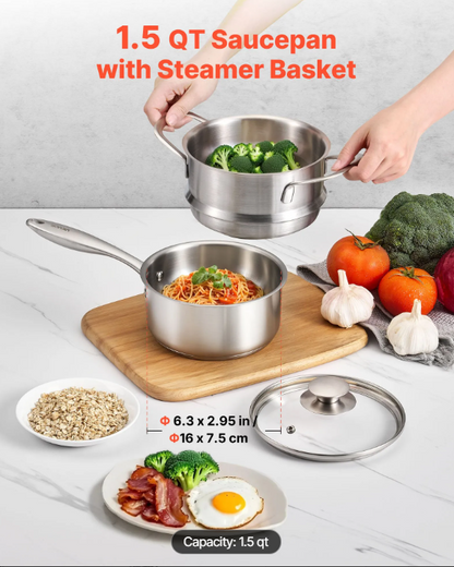1.5 QT Saucepan with Steamer, Stainless Steel Saucepan with Glass Lid, Multipurpose Nonstick Stainless Steel Sauce Pot with Ergonomic Handle, Friendly for Oven, Dishwasher, Induction Cooker