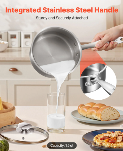 1.5 QT Saucepan with Steamer, Stainless Steel Saucepan with Glass Lid, Multipurpose Nonstick Stainless Steel Sauce Pot with Ergonomic Handle, Friendly for Oven, Dishwasher, Induction Cooker