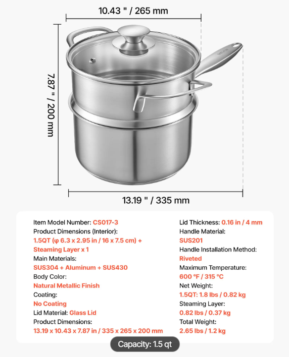1.5 QT Saucepan with Steamer, Stainless Steel Saucepan with Glass Lid, Multipurpose Nonstick Stainless Steel Sauce Pot with Ergonomic Handle, Friendly for Oven, Dishwasher, Induction Cooker