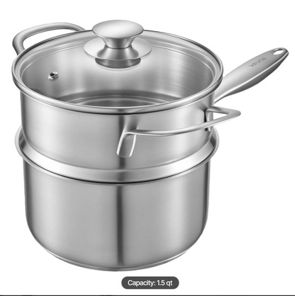 1.5 QT Saucepan with Steamer, Stainless Steel Saucepan with Glass Lid, Multipurpose Nonstick Stainless Steel Sauce Pot with Ergonomic Handle, Friendly for Oven, Dishwasher, Induction Cooker