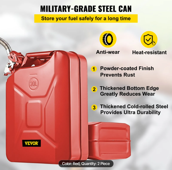 Jerry Fuel Can, 5.3 Gallon / 20 L Portable Jerry Gas Can with Flexible Spout System, Rustproof ＆ Heat-resistant Steel Fuel Tank for Cars Trucks Equipment, 2PCS Red