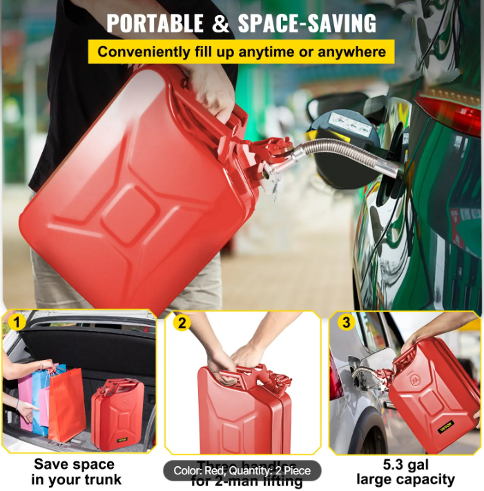 Jerry Fuel Can, 5.3 Gallon / 20 L Portable Jerry Gas Can with Flexible Spout System, Rustproof ＆ Heat-resistant Steel Fuel Tank for Cars Trucks Equipment, 2PCS Red