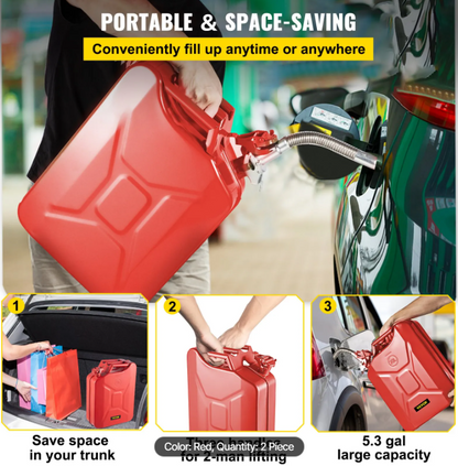 Jerry Fuel Can, 5.3 Gallon / 20 L Portable Jerry Gas Can with Flexible Spout System, Rustproof ＆ Heat-resistant Steel Fuel Tank for Cars Trucks Equipment, 2PCS Red