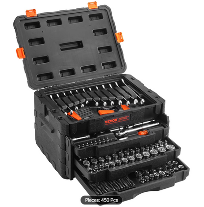 Mechanics Tool Set and Socket Set, 1/4" 3/8" 1/2" Drive Deep and Standard Sockets, 450 Pcs SAE and Metric Mechanic Tool Kit with Bits, Hex Wrenches, Combination Wrench, Accessories, Storage Case