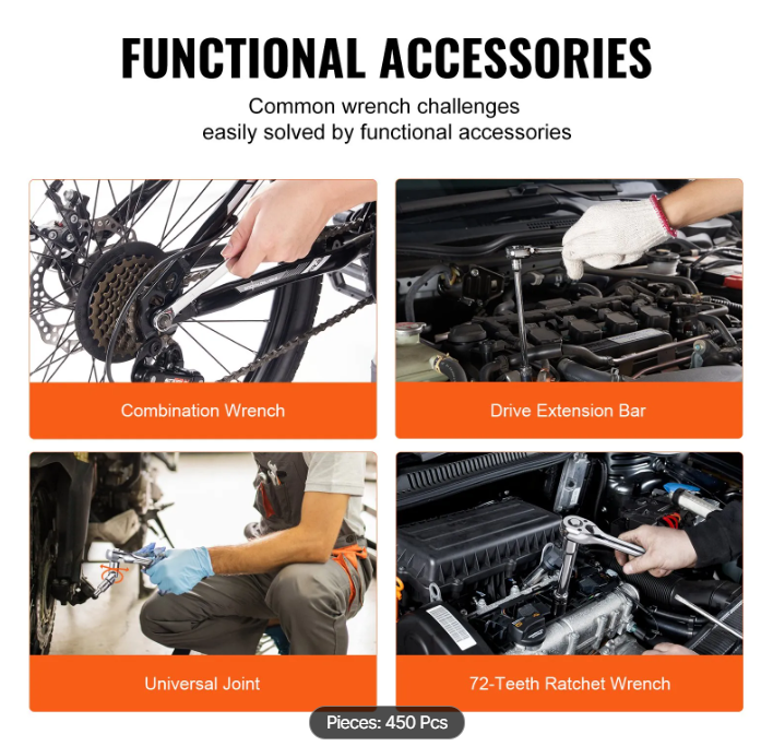 Mechanics Tool Set and Socket Set, 1/4" 3/8" 1/2" Drive Deep and Standard Sockets, 450 Pcs SAE and Metric Mechanic Tool Kit with Bits, Hex Wrenches, Combination Wrench, Accessories, Storage Case