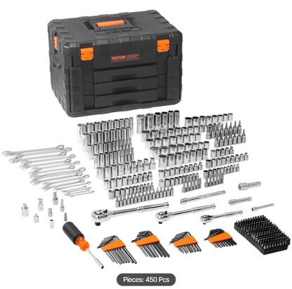 Mechanics Tool Set and Socket Set, 1/4" 3/8" 1/2" Drive Deep and Standard Sockets, 450 Pcs SAE and Metric Mechanic Tool Kit with Bits, Hex Wrenches, Combination Wrench, Accessories, Storage Case