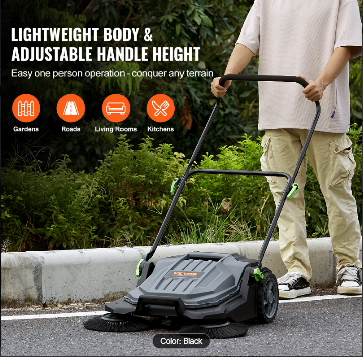 Walk-behind Hand Push Floor Sweeper, 25.6" Sweeping Width Floor Sweeper Manual Non-Electric, 5-Gallon Waste Container, Angle & Height Adjustable Folding Handle for Walkway, Yard, Garage, Patio