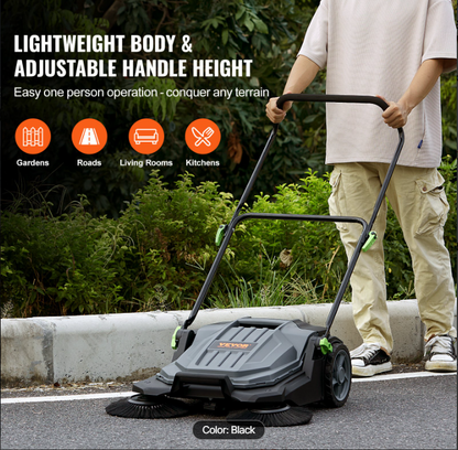 Walk-behind Hand Push Floor Sweeper, 25.6" Sweeping Width Floor Sweeper Manual Non-Electric, 5-Gallon Waste Container, Angle & Height Adjustable Folding Handle for Walkway, Yard, Garage, Patio