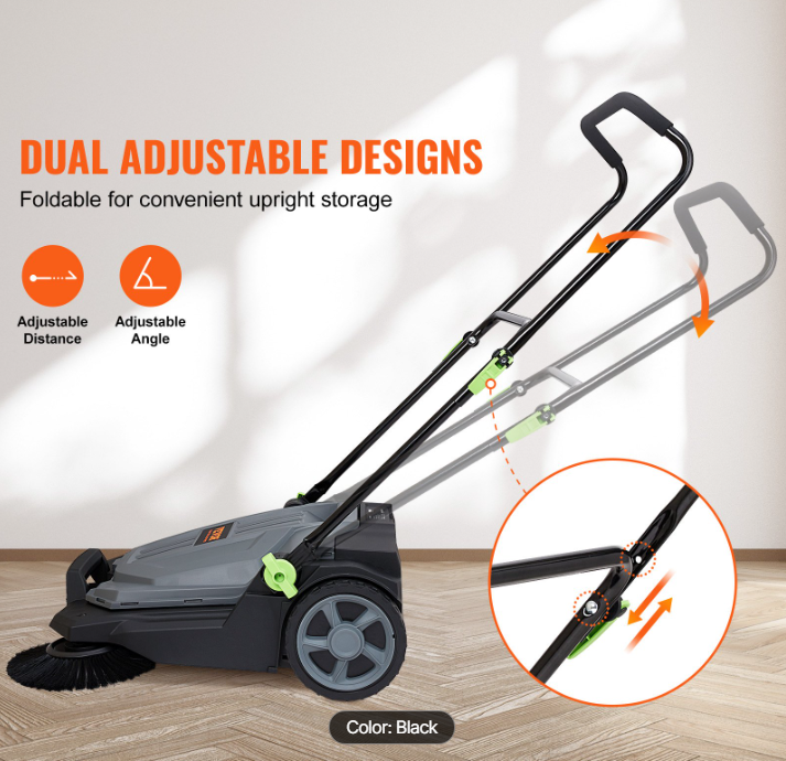 Walk-behind Hand Push Floor Sweeper, 25.6" Sweeping Width Floor Sweeper Manual Non-Electric, 5-Gallon Waste Container, Angle & Height Adjustable Folding Handle for Walkway, Yard, Garage, Patio