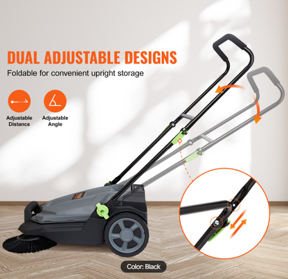 Walk-behind Hand Push Floor Sweeper, 25.6" Sweeping Width Floor Sweeper Manual Non-Electric, 5-Gallon Waste Container, Angle & Height Adjustable Folding Handle for Walkway, Yard, Garage, Patio