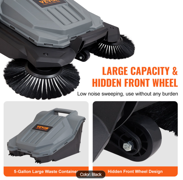 Walk-behind Hand Push Floor Sweeper, 25.6" Sweeping Width Floor Sweeper Manual Non-Electric, 5-Gallon Waste Container, Angle & Height Adjustable Folding Handle for Walkway, Yard, Garage, Patio