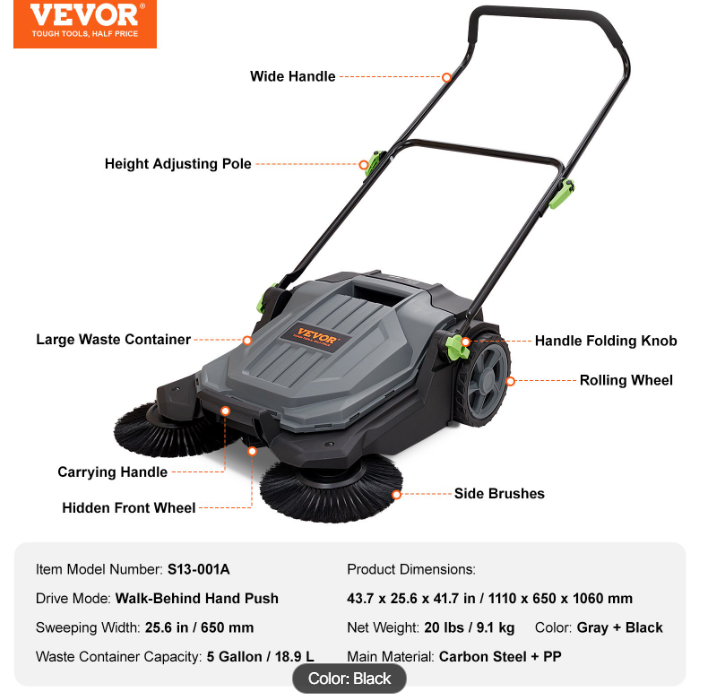 Walk-behind Hand Push Floor Sweeper, 25.6" Sweeping Width Floor Sweeper Manual Non-Electric, 5-Gallon Waste Container, Angle & Height Adjustable Folding Handle for Walkway, Yard, Garage, Patio
