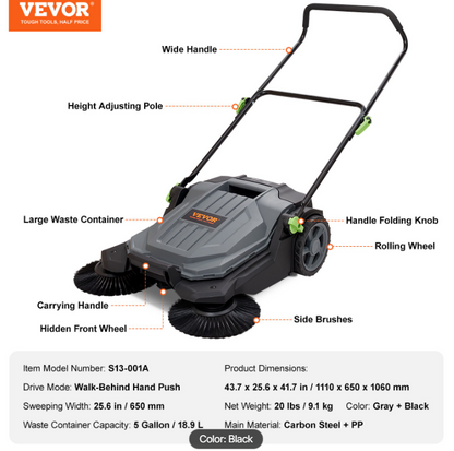 Walk-behind Hand Push Floor Sweeper, 25.6" Sweeping Width Floor Sweeper Manual Non-Electric, 5-Gallon Waste Container, Angle & Height Adjustable Folding Handle for Walkway, Yard, Garage, Patio