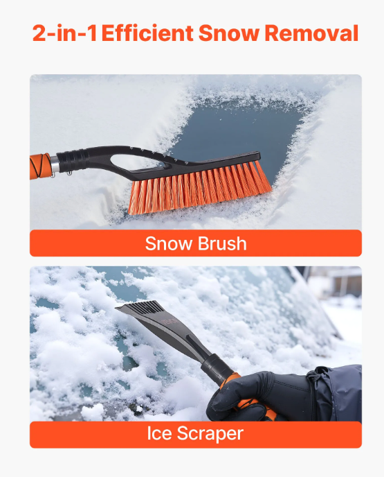 Snow Brush and Ice Scrapers for Car Windshield, 27-inch Aluminum Snow Scraper Removal Tool with Foam Grip & Scratch-Free Bristles, Detachable and Easy-to-Carry for Cars, Trucks, SUVs, RVs