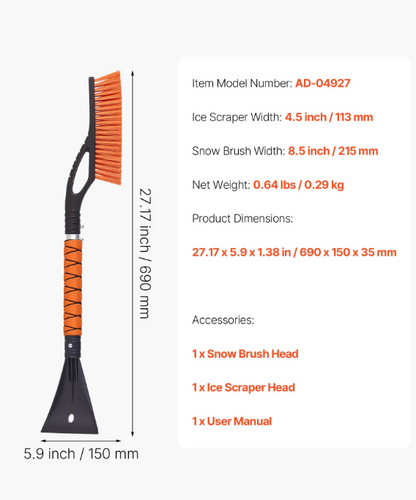 Snow Brush and Ice Scrapers for Car Windshield, 27-inch Aluminum Snow Scraper Removal Tool with Foam Grip & Scratch-Free Bristles, Detachable and Easy-to-Carry for Cars, Trucks, SUVs, RVs